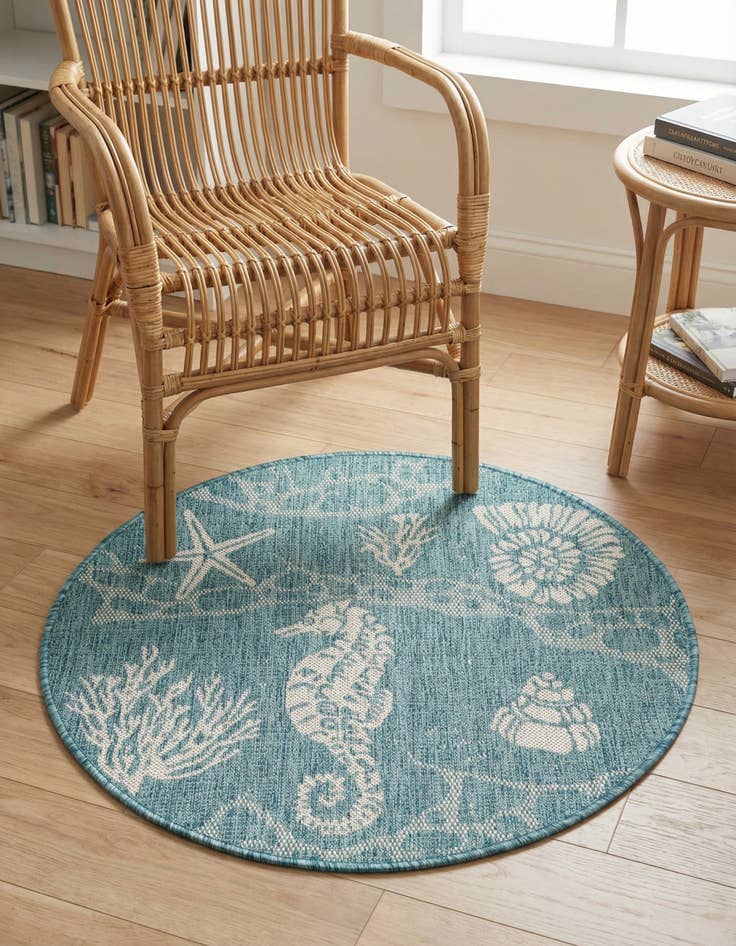 Detail image of 3' x 3' Washable Coastal Indoor / Outdoor Round Rug