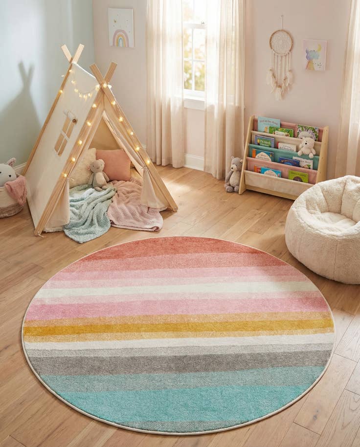 Detail image of 5' 3 x 5' 3 Rainbow Stripes Whimsy Kids Round Rug