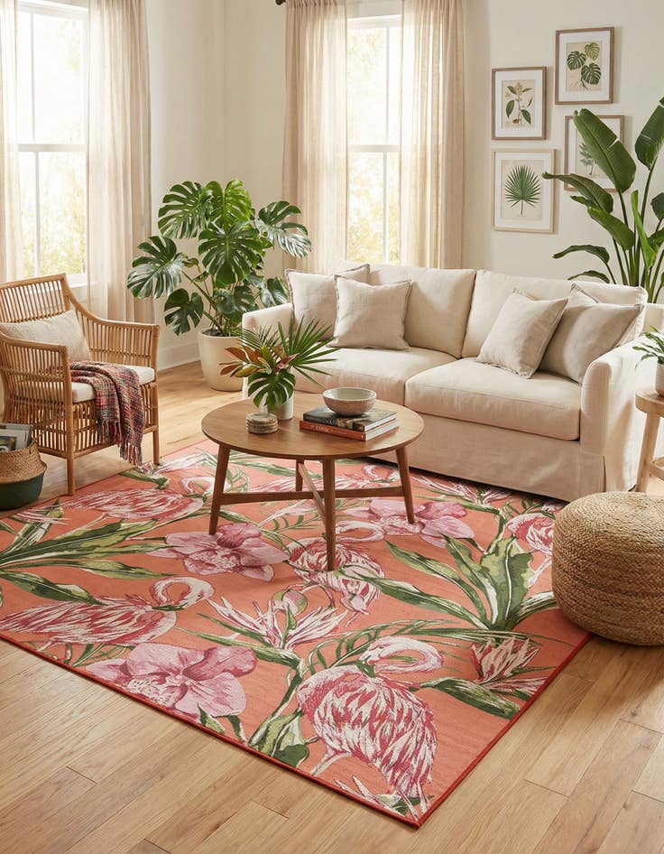 Detail image of 7' 10 x 7' 10 Washable Botanical Indoor / Outdoor Square Rug