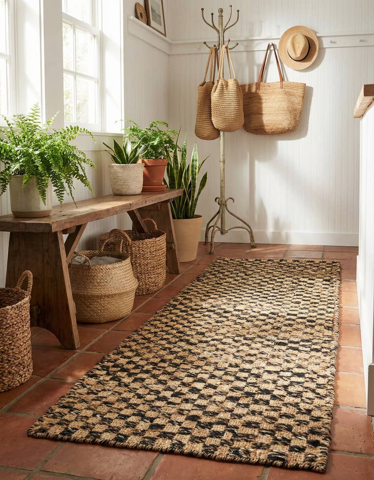 Detail image of 2' x 5' 1 Hand Woven Checkered Jute Wool Runner Rug