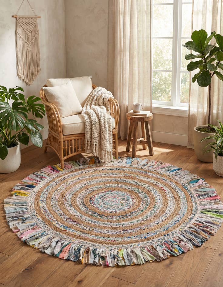 Detail image of  5' 1 x 5' 1  Hand Braided Chindi Jute Round Rug