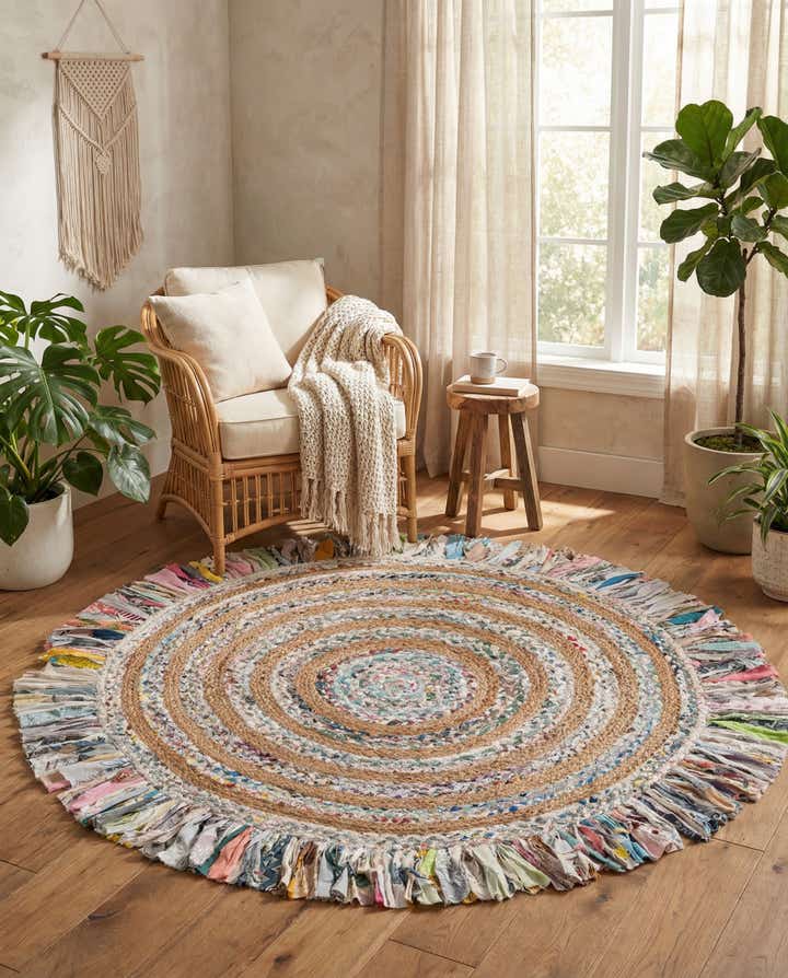 5' 1 x 5' 1 Hand Braided Chindi Jute Round Rug