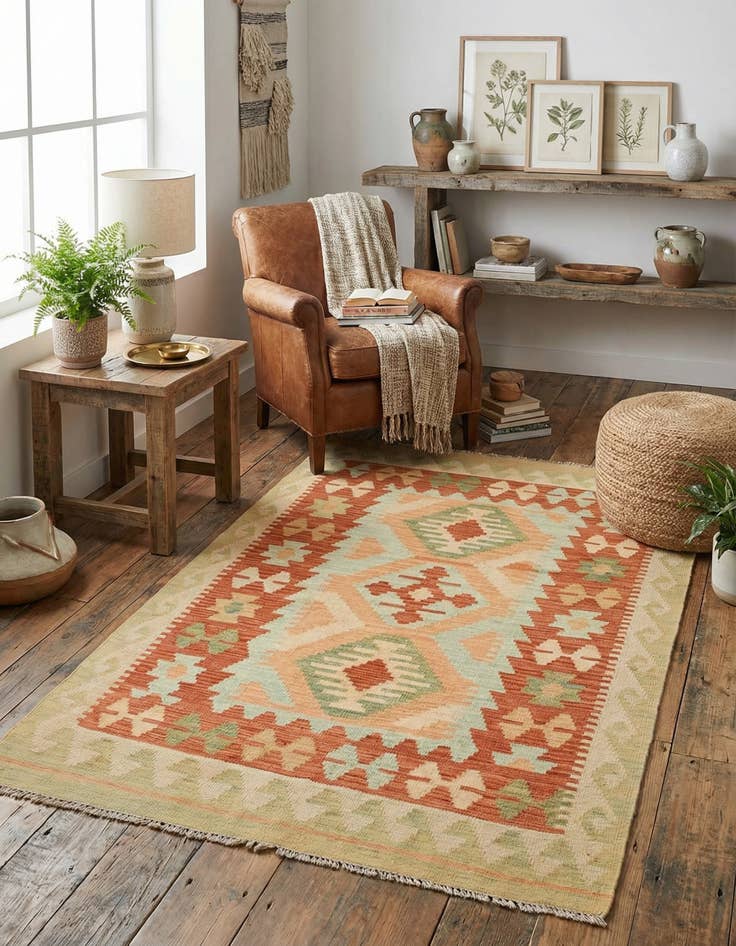 Detail image of 3' 4 x 4' 10 Hand Woven Kilim Waziri Wool Rug