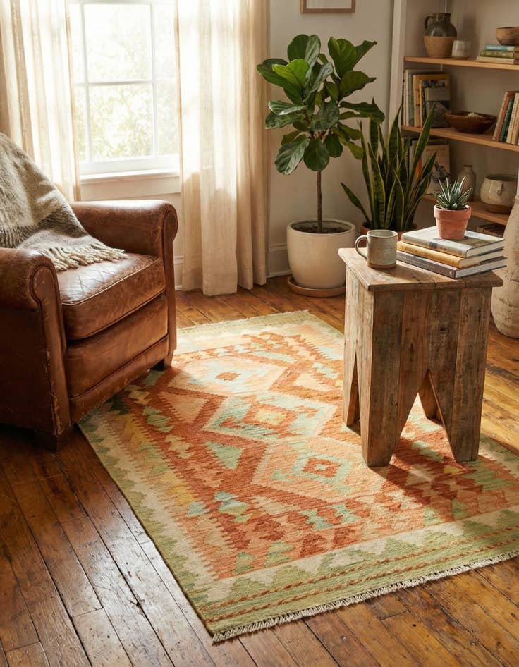 Detail image of 3' 2 x 4' 10 Hand Woven Kilim Waziri Wool Rug