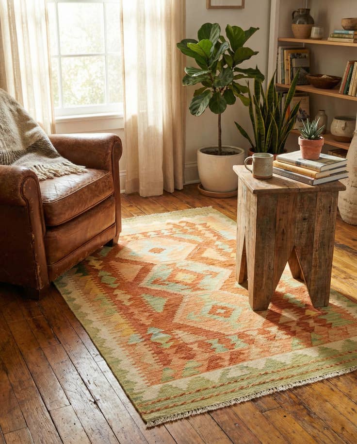 Detail image of 3' 2 x 4' 10 Hand Woven Kilim Waziri Wool Rug