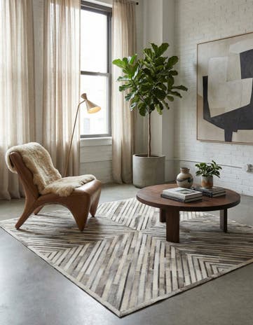 Gray Ivory Cowhide Leather Square Rug