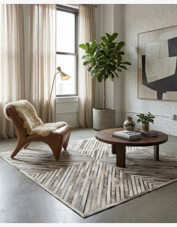 Gray Ivory Cowhide Leather Square Rug