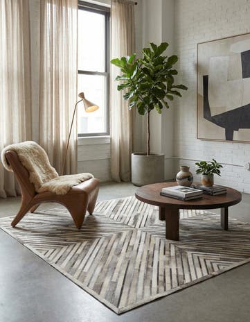 Gray Ivory Cowhide Leather Square Rug