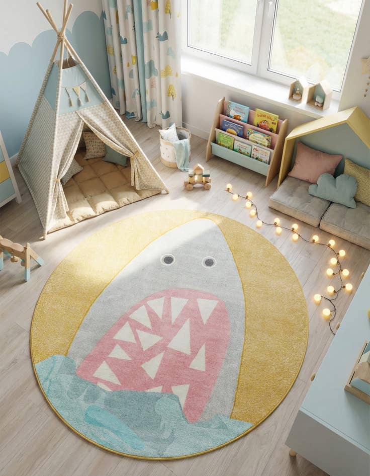 Detail image of 7' 10 x 7' 10 Shark Whimsy Kids Round Rug