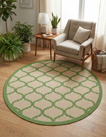 Beige and Green Easy-Clean Lattice Indoor / Outdoor Round Rug