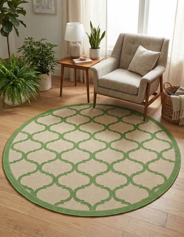 Beige and Green Easy-Clean Lattice Indoor / Outdoor Round Rug