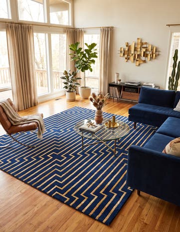 Navy Blue and Gold Vogue Geo Square Rug