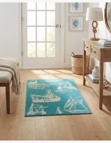 Teal Easy-Clean Coastal Indoor / Outdoor Rug