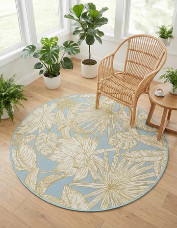 Soft Blue Easy-Clean Botanical Indoor / Outdoor Round Rug