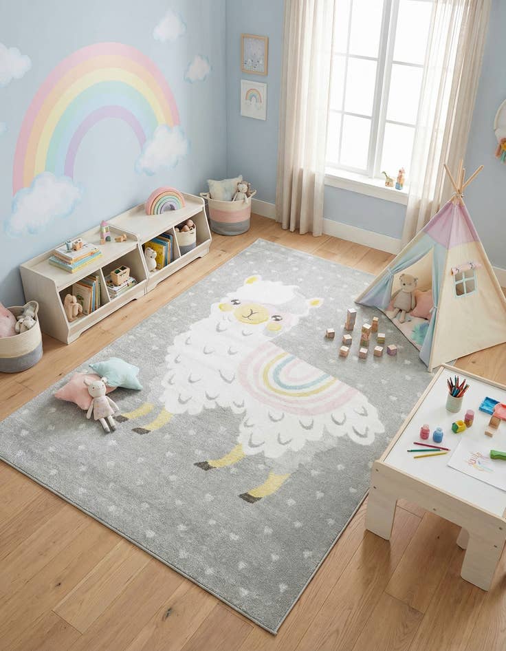 Detail image of  5' 3 x 8' Llama Whimsy Kids Rug