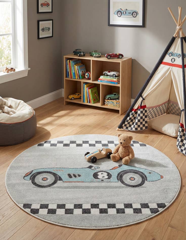 Detail image of 5' 3 x 5' 3 Racecar Whimsy Kids Round Rug