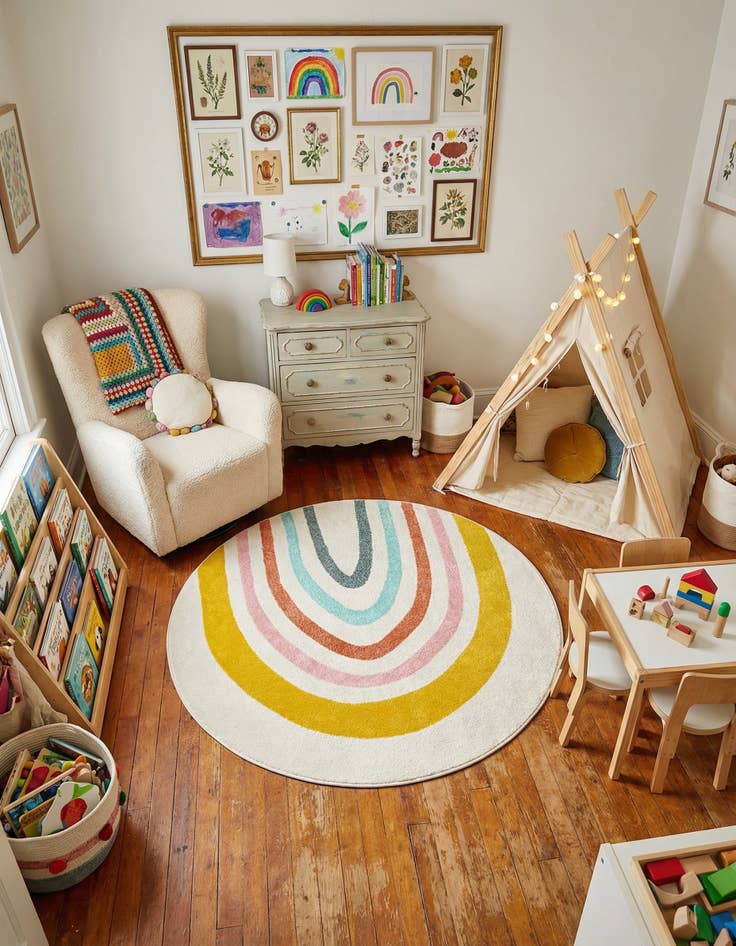 Detail image of 5' 3 x 5' 3 Rainbow Whimsy Kids Round Rug