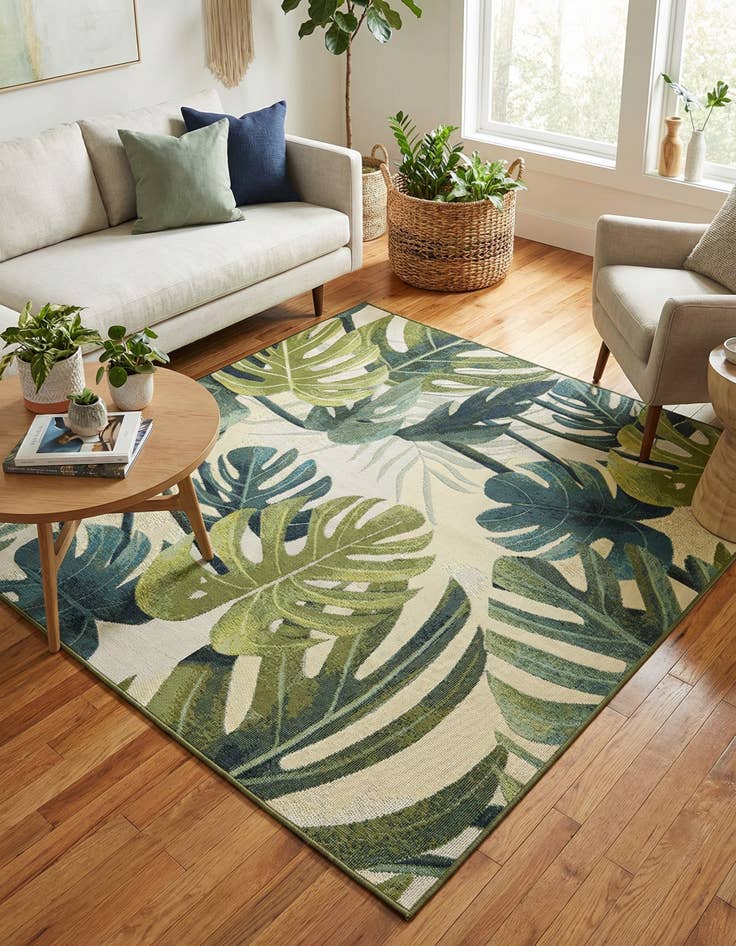 Detail image of 5' 3 x 5' 3 Washable Botanical Indoor / Outdoor Square Rug