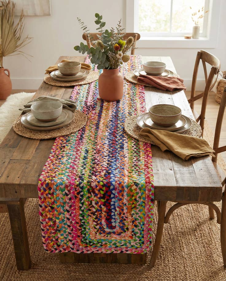 Detail image of 1' 2 x 8' Handmade Braided Chindi Table Runner Rug