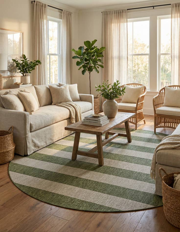 Detail image of 10' x 10'  Washable Striped Indoor / Outdoor Round Rug