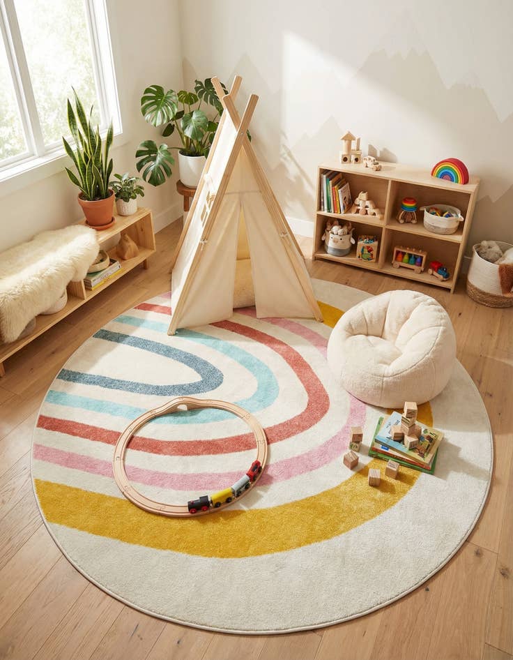 Detail image of 7' 10 x 7' 10 Rainbow Whimsy Kids Round Rug