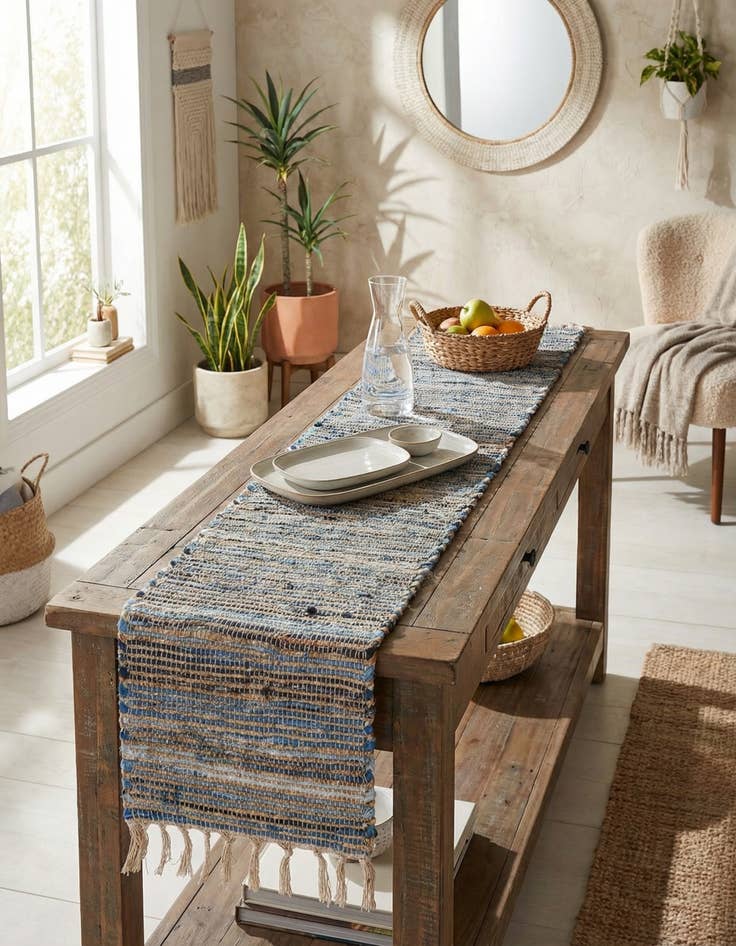 Detail image of 1' 2 x 6' 1  Hand Woven Chindi Jute Table Runner Rug