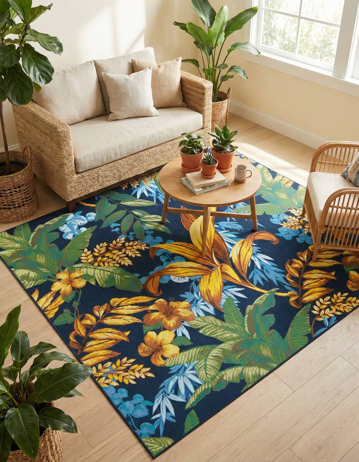 Detail image of 7' 10 x 7' 10 Washable Botanical Indoor / Outdoor Square Rug