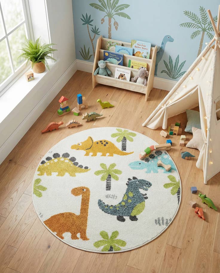 Detail image of 100cm x 100cm Dinosaur Whimsy Kids Alfombra redondo