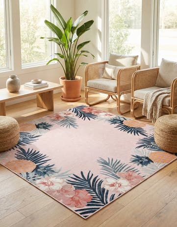 Pink Easy-Clean Botanical Indoor / Outdoor Square Rug