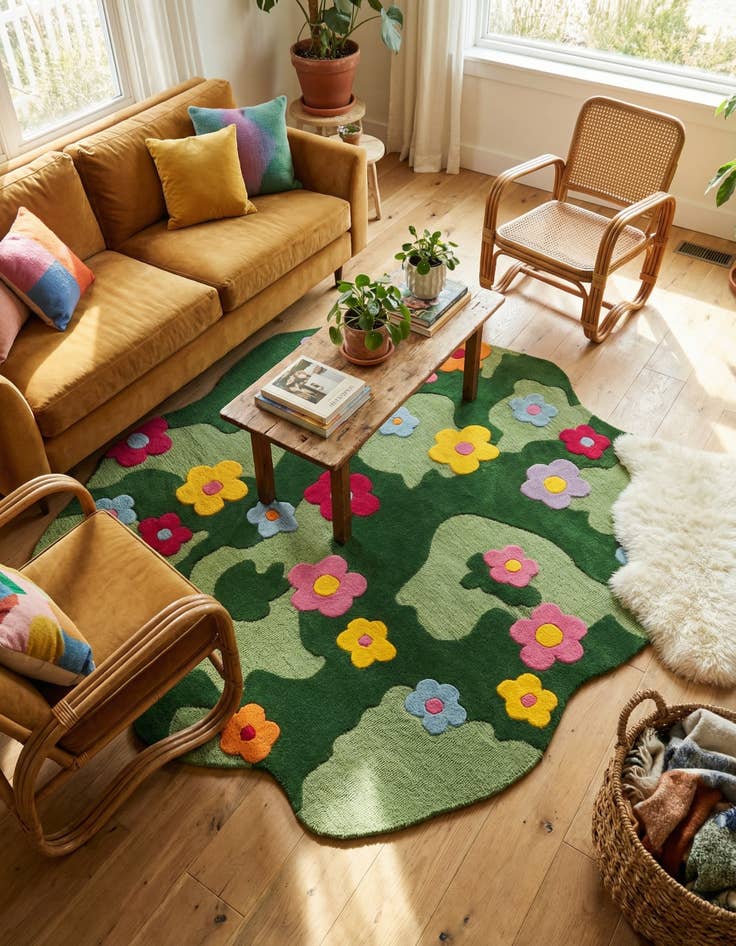 Detail image of 5' 1 x 5' 1 Happy Rugs Moss Funky Flower Wool Round