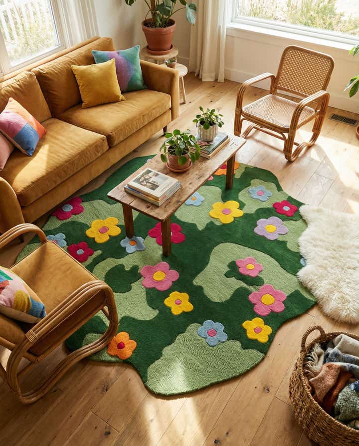 5' 1 x 5' 1 Happy Rugs Moss Funky Flower Wool Round