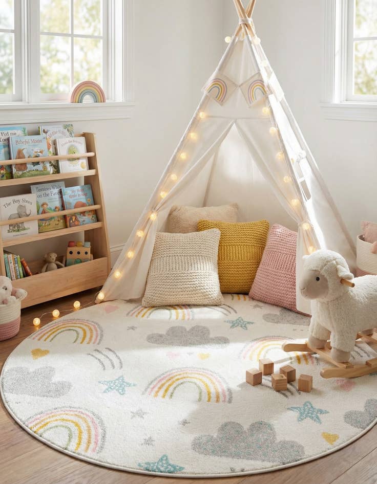 Detail image of 5' 3 x 5' 3 Clouds and Rainbows Whimsy Kids Round Rug