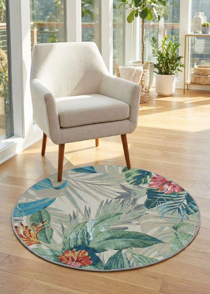 3' x 3' Easy-Clean Botanical Indoor / Outdoor Round Rug