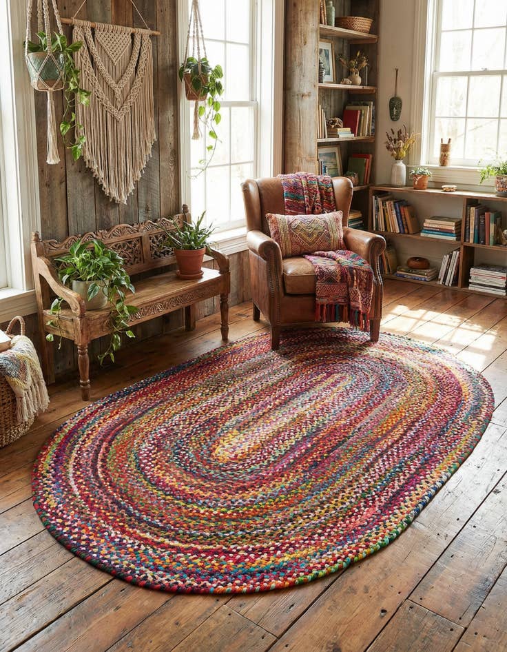 Detail image of 5' 1 x 8'  Hand Braided Chindi Oval Rug