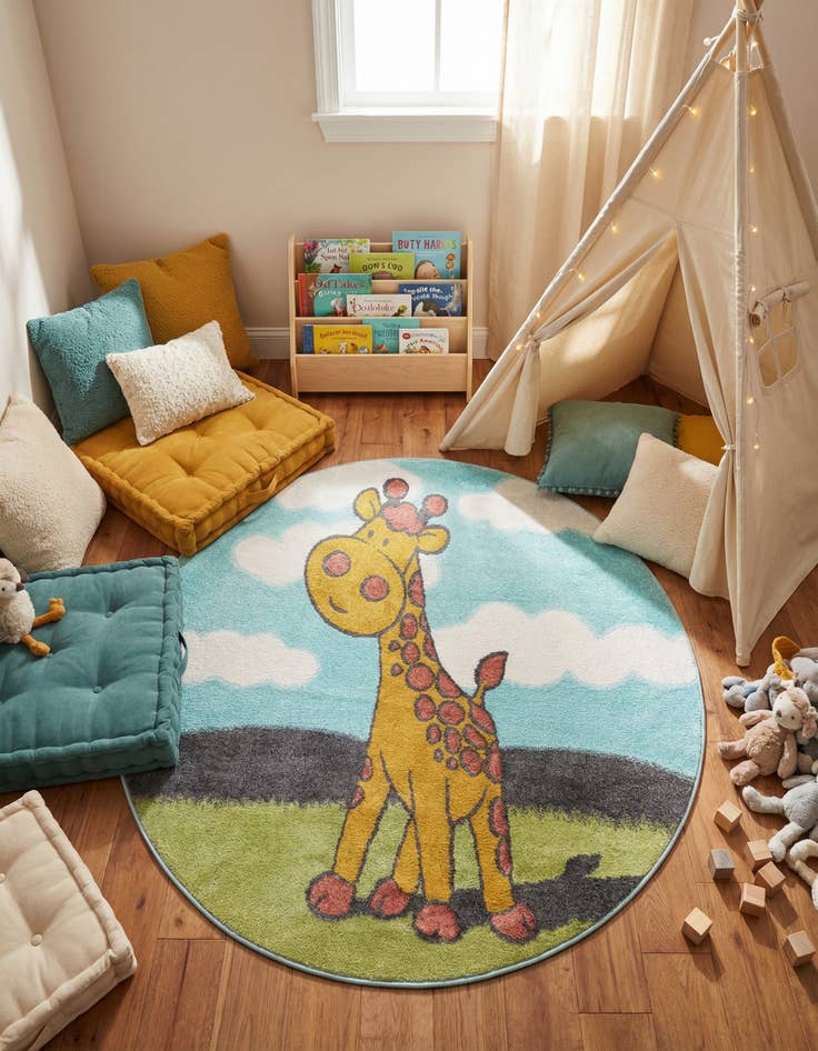 Detail image of 5' 1 x 5' 1 Giraffe Whimsy Kids Round Rug