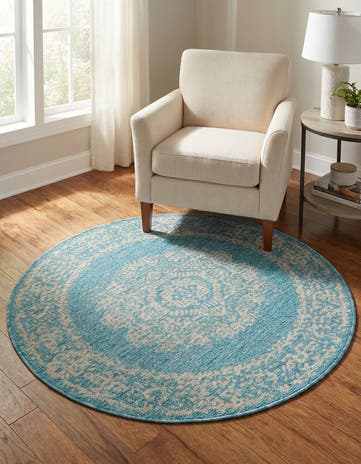 Light Aqua Easy-Clean Traditional Indoor / Outdoor Round Rug
