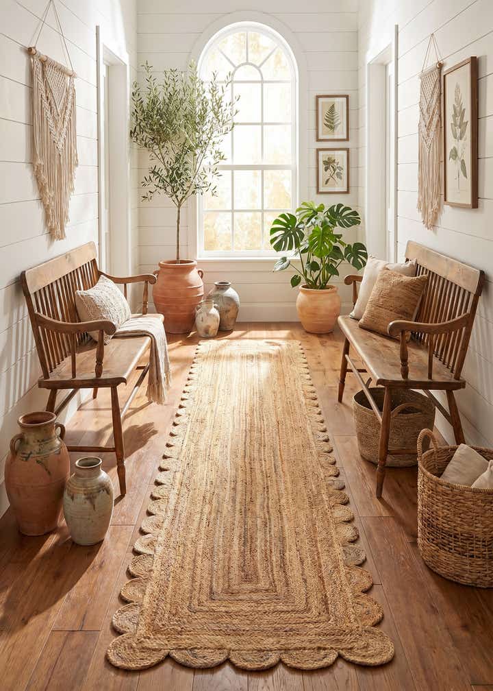 3' 3 x 16' 1 Hand Woven Scallop Braided Jute Runner Rug
