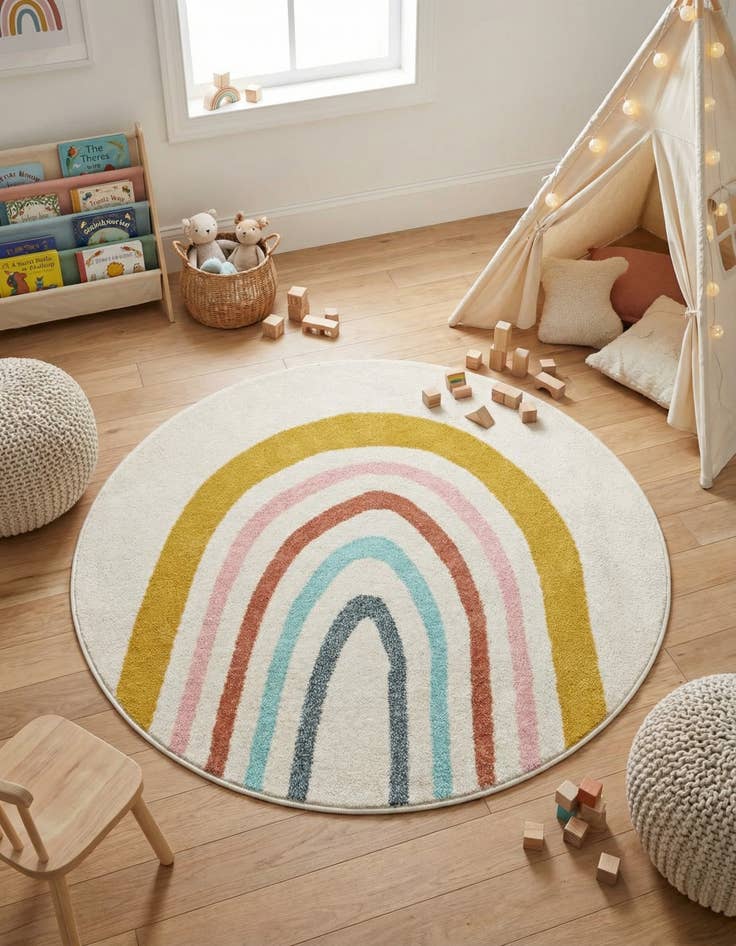 Detail image of 4' 1 x 4' 1 Rainbow Whimsy Kids Round Rug