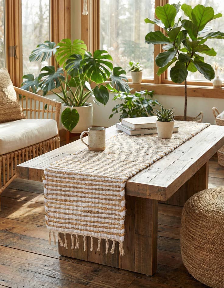 Detail image of 1' 2 x 4' 1 Hand Woven Chindi Jute Table Runner Rug