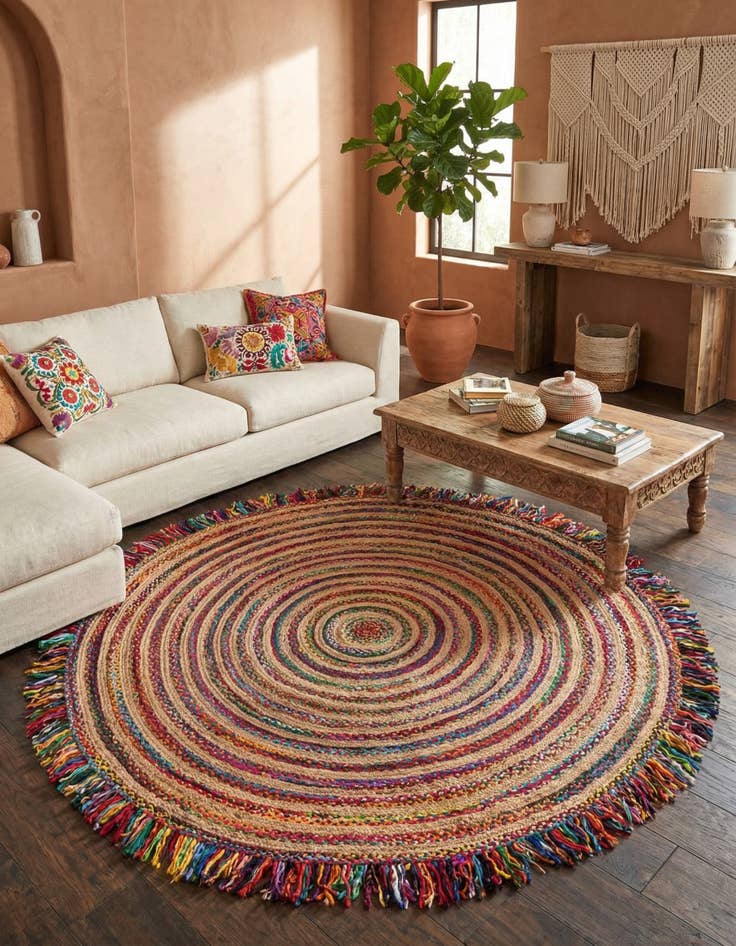 Detail image of  10' x 10'  Hand Braided Chindi Jute Round Rug