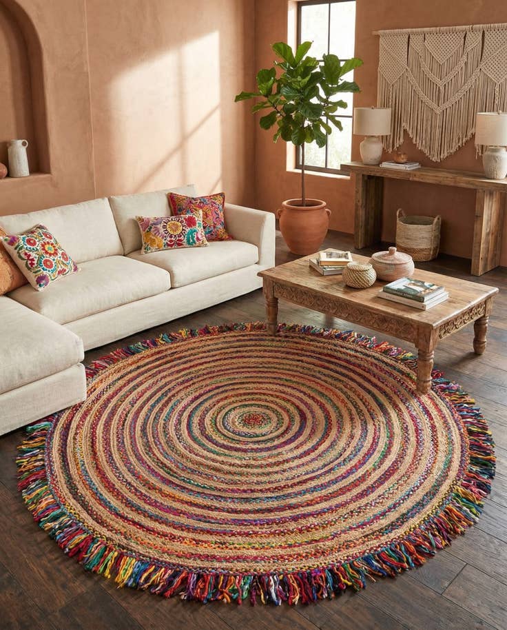 Detail image of 10' x 10' Hand Braided Chindi Jute Round Rug