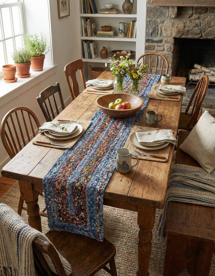 Detail image of 1' 2 x 8'  Hand Braided Chindi Table Runner Rug