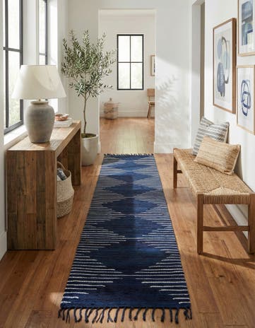 Navy Blue Hand Woven Chindi Cotton Runner Rug