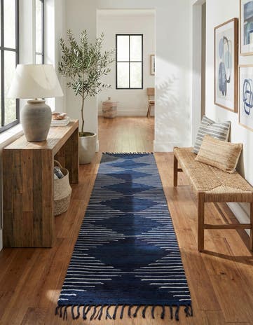 Navy Blue Hand Woven Chindi Cotton Runner Rug