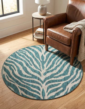 Teal Easy-Clean Safari Indoor / Outdoor Round Rug