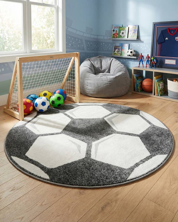 Detail image of 5' 3 x 5' 3 Soccer Ball Whimsy Kids Round Rug
