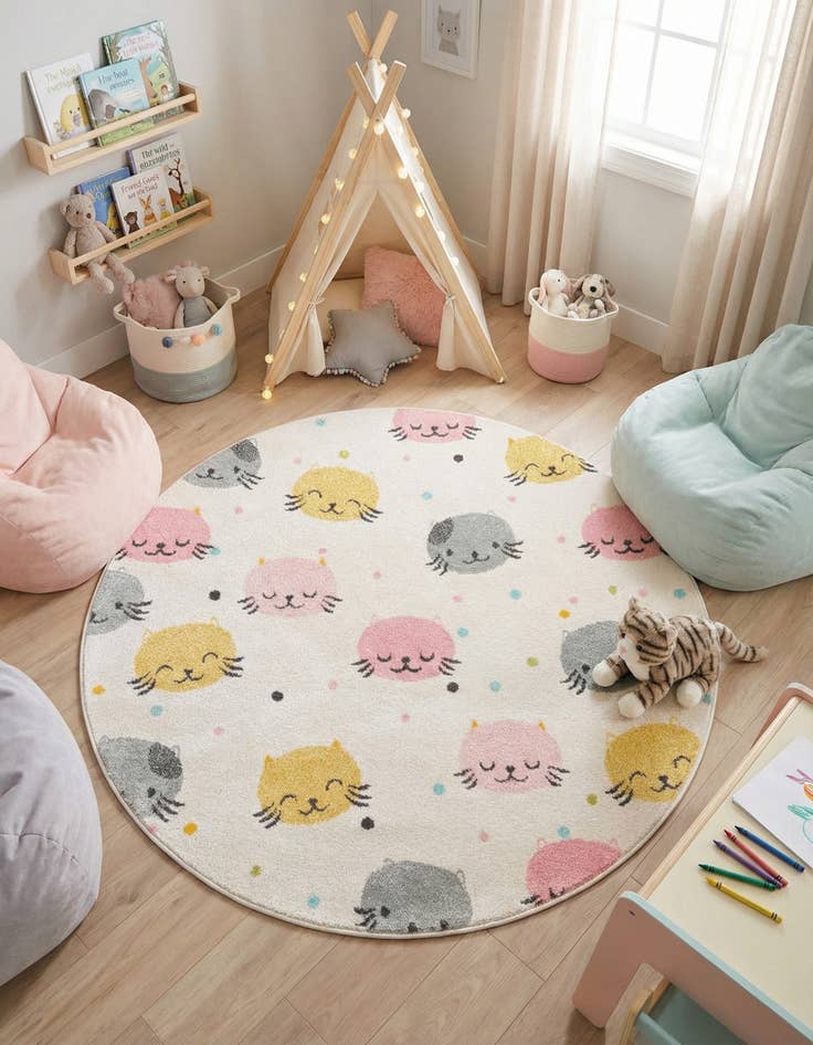 Detail image of 5' 3 x 5' 3 Cats Whimsy Kids Round Rug