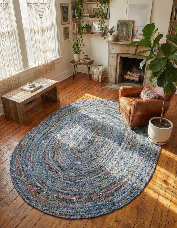 Detail image of 8' x 10'  Hand Braided Chindi Oval Rug