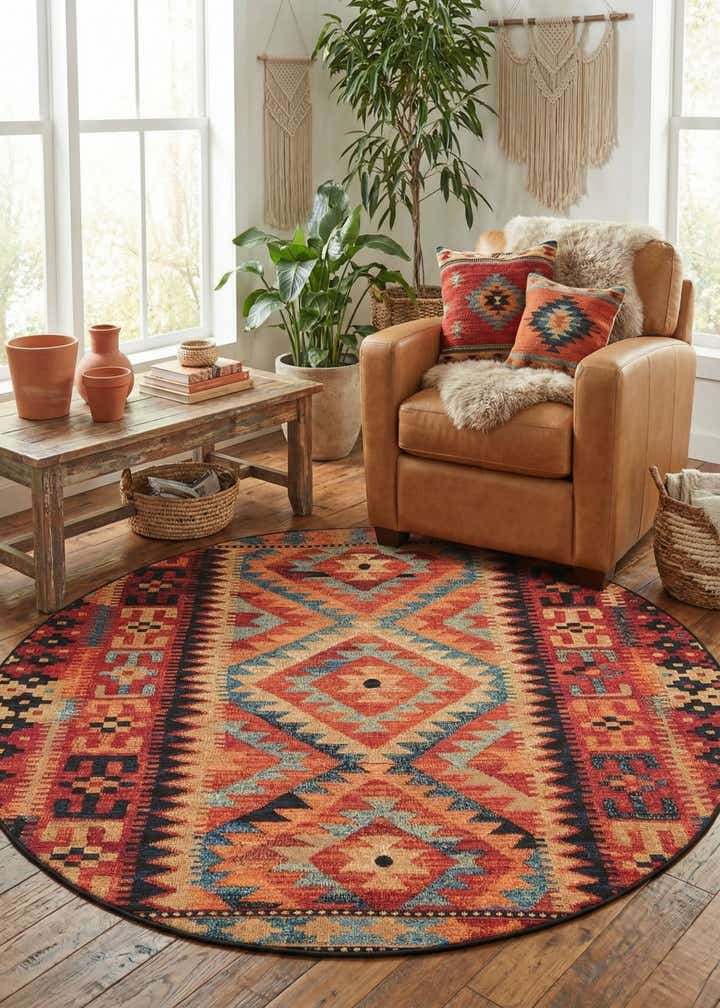 6' x 6' Easy-Clean Tribal Indoor / Outdoor Round Rug