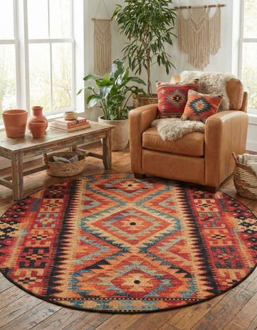 6' x 6' Easy-Clean Tribal Indoor / Outdoor Round Rug